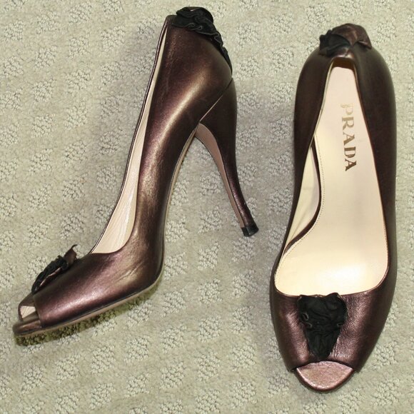 Prada Shoes - Authentic Prada Womens Brown Leather Peep Toe Stiletto Pump Heels Size 36